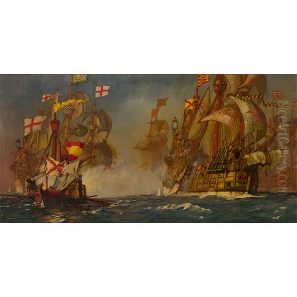 The Spanish Fleet Driven Towards The Flanders Coast After Oil Painting by Kenneth Shoesmith