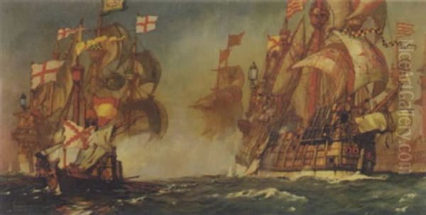 The Spanish Fleet Driven Towards The Flanders Coast After Fighting All Day, Make For The North Sea Oil Painting by Kenneth Shoesmith