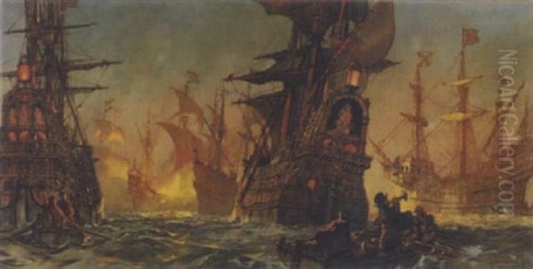 The Armada Anchored In Calais Roads Panic Stricken At The Approach Of The Eight English Fire Ships At Midnight Oil Painting by Kenneth Shoesmith