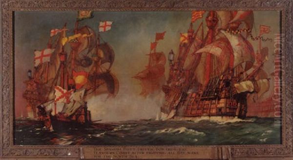 The Spanish Fleet Driven Towards The Flanders Coast After Fighting All Day, Make For The North Sea Oil Painting by Kenneth Shoesmith