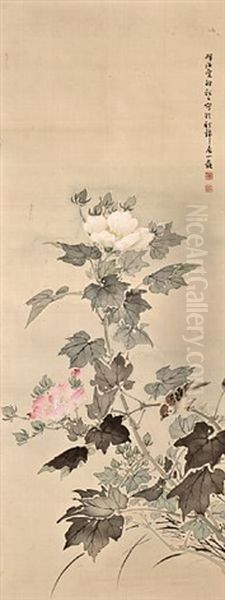 Peonies And Sparrow Oil Painting by Noguchi Shohin