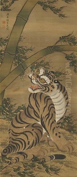 Tiger And Bamboo Oil Painting by  Shokatsukan