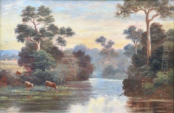 Cattle Watering Oil Painting by William Short Sr.