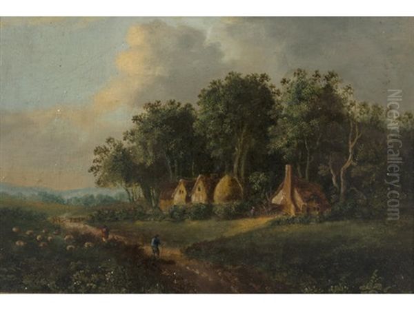 Drover And Sheep In A Coutry Lane (+ Another Landscape; 2 Works) Oil Painting by Obadiah Short