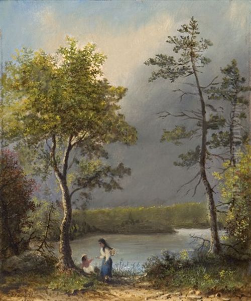 An Indian Woman And Child By A River Oil Painting by Edward Scope Shrapnel