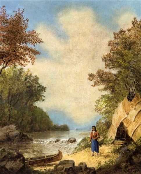 Indian Paddling A Canoe (+ Indian Woman Leaving Her Wigwam; 2 Works) Oil Painting by Edward Scope Shrapnel