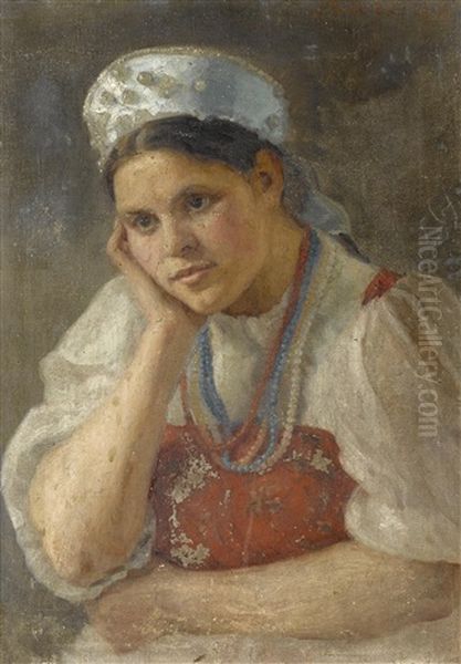 Portrait Of A Young Woman In Kokoshnik And Traditional Costume Oil Painting by Maria Viktorovna Shreter