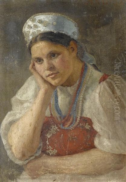 Portrait Of A Young Girl In Kokoshnik And Traditional Costume Oil Painting by Maria Viktorovna Shreter