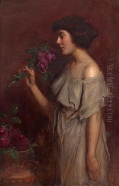 Portrait Of A Woman With A Rose Oil Painting by Victor Karlovich Shtemberg