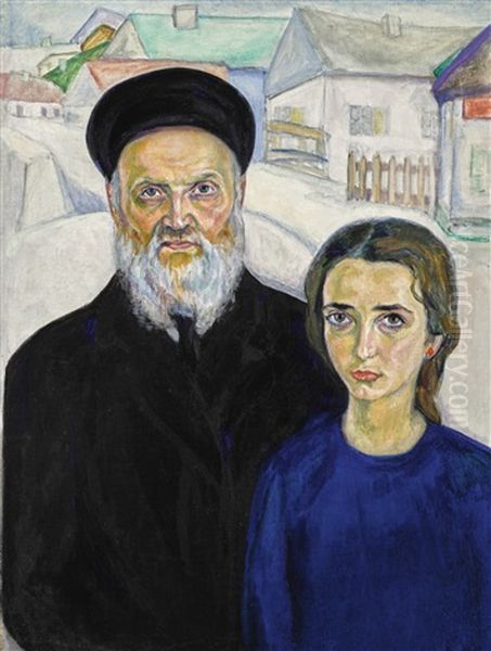 Portrait Of The Artist's Father And Sister (pinchas And Malka Shterenberg) Oil Painting by David Shterenberg