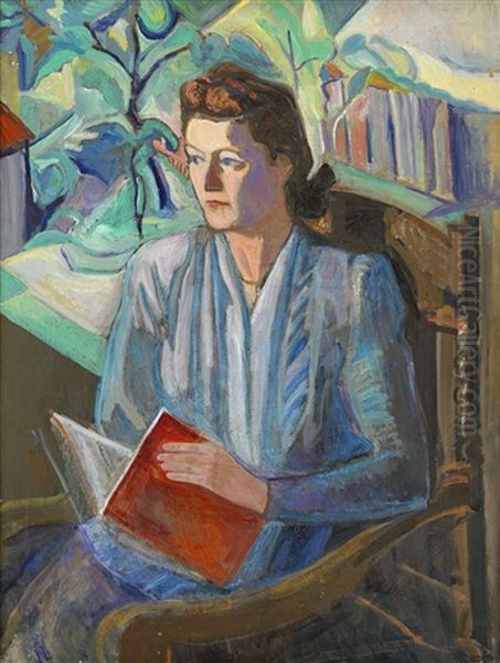 Portrait Of A Woman Holding A Book Oil Painting by David Shterenberg