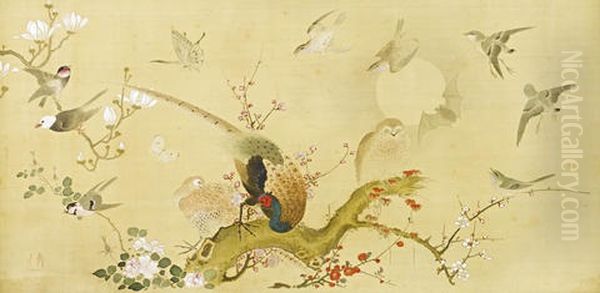 Untitled (different Species Of Birds) (sketch) (2 Works) Oil Painting by Watanabe Shukei