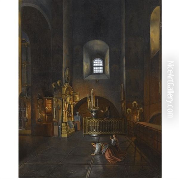 Interior Of An Orthodox Church Oil Painting by Stepan Mikhailovich Shukhostov