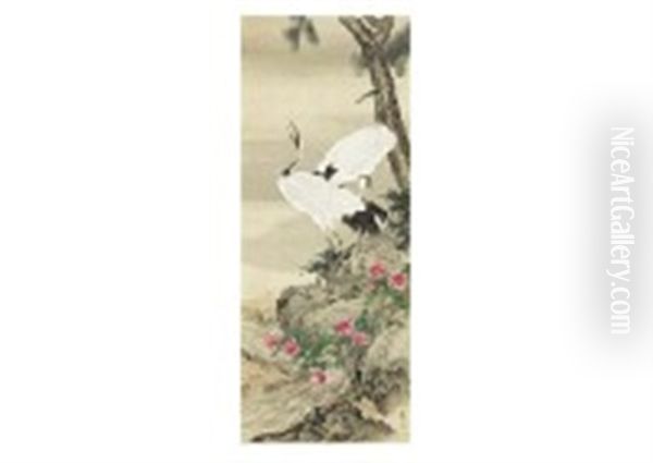 Two Cranes In The Spring Oil Painting by Okamoto Shuki