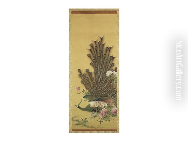 Rose And Peacock Oil Painting by Okamoto Shuki