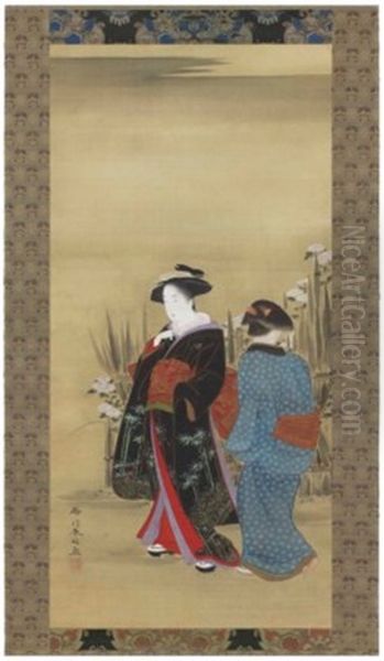 Beauty And Attendant Admiring Chrysanthemums Oil Painting by Katsugawa Shunrin