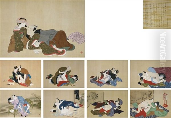 Nine Erotic Scenes From Secret Games In The Spring Palace (shunkyu Higi) Oil Painting by Katsukawa Shunsho