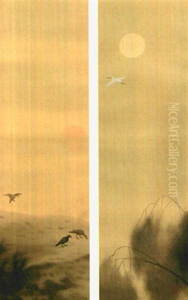 Egret Under The Moon, Crow In The Morning Sun Oil Painting by Hishida Shunso