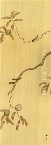 Sparrow At The Chestnut Tree Oil Painting by Hishida Shunso