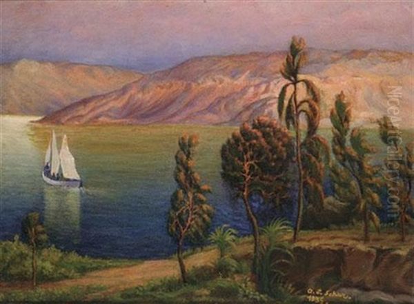 Sunset In The Sea Of Galilee Oil Painting by Aharon Shaul Shur