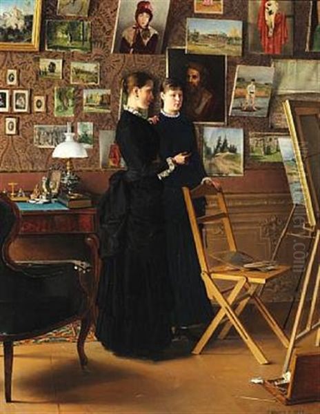 In The Studio. Two Russian Women Admiring The Artist's Work On The Easel Oil Painting by Alexander Alexeevich Shurigin