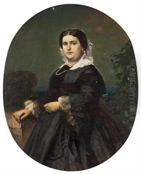 Portrait Of A Lady In A Black Dress Oil Painting by Nikolai Semionovich Shustov