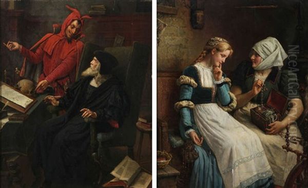 Le Pacte De Faust Et Mephisto, Marthe Et Marguerite Avec Le Coffret De Bijoux (pair) Oil Painting by Eugene Siberdt