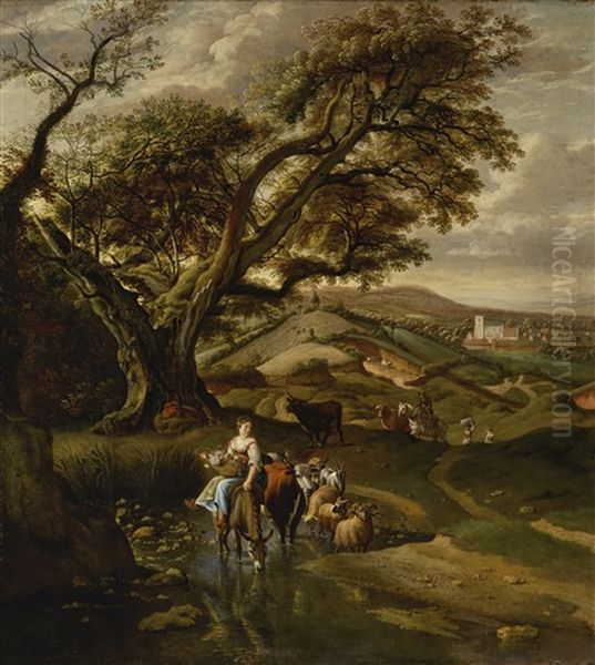 Pastoral Landscape With A Shepherdess On A Donkey Carrying A Basket Of Flowers, And Fording A Stream With A Village In The Distance And With A Church, Almost Certainly Edensor, Near Chatsworth, Derbyshire by Jan Siberechts