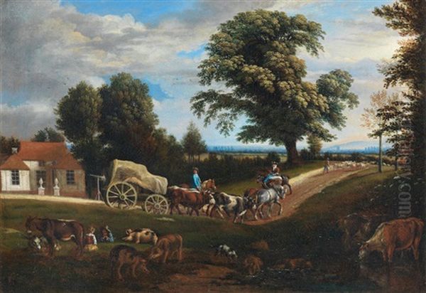 Drovers With Their Flock And Wagon On A Country Path by Jan Siberechts