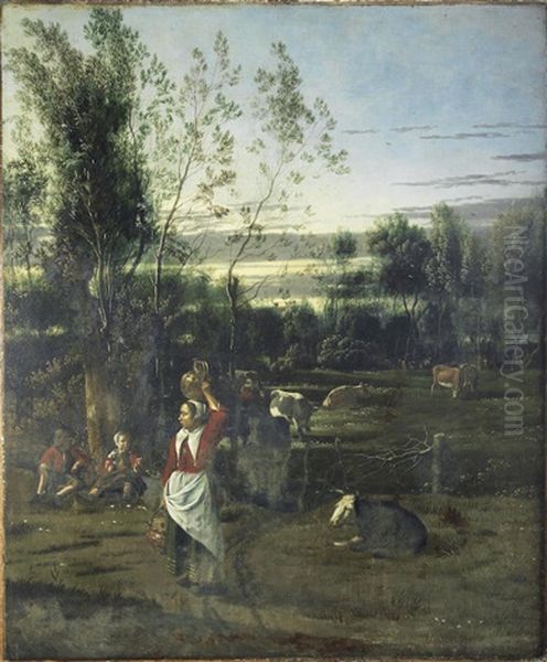 A Milkmaid And Children In A Field, Cattle Grazing Beyond Oil Painting by Jan Siberechts