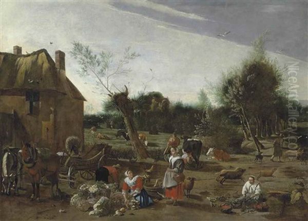 Peasant Women Sorting Vegetables And Milking Cattle By A Horse And Cart, A Thatched House Beyond Oil Painting by Jan Siberechts