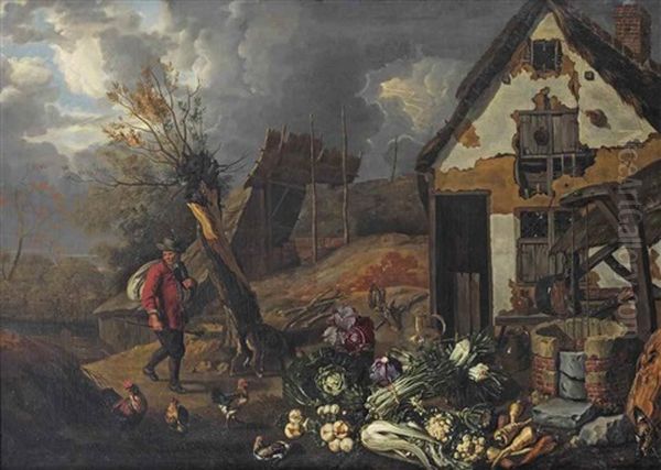 A Barn Exterior With A Man And His Dog Arriving, A Still Life Of Leeks, Cabbages, Turnips And Other Vegetables By A Well In The Foreground Oil Painting by Jan Siberechts