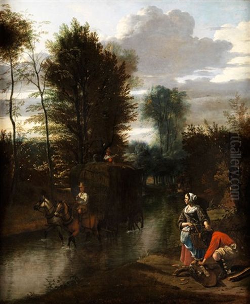 Junges Paar Am Ufer Eines Flusses, Durch Den Ein Von Pferden Gezogener Heuwaagen Fahrt Oil Painting by Jan Siberechts