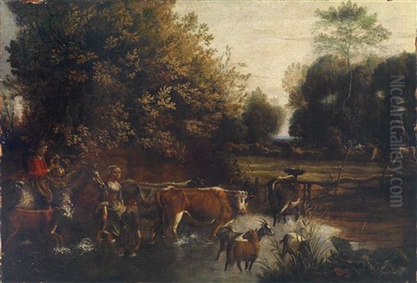 Eine Bewaldete Flusslandschaft Mit Bauern Und Ihrer Viehherde Oil Painting by Jan Siberechts