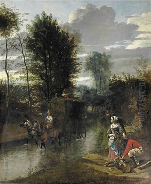 A Wooded River Landscape With A Hay Cart Crossing A Stream And Figures Gathering Wood On The Bank Oil Painting by Jan Siberechts