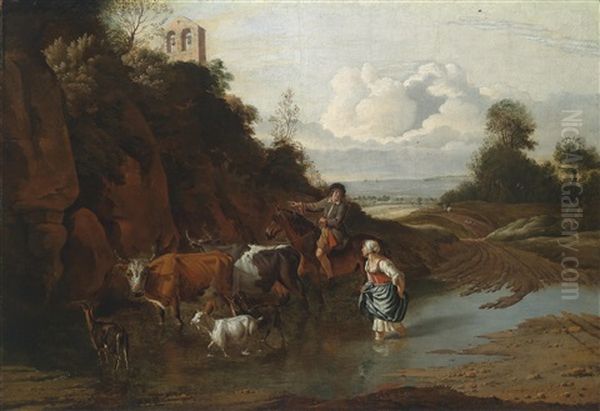 Landschaft Mit Einem Bauernmadchen, Einem Reiter Und Vieh In Einer Furt Oil Painting by Jan Siberechts