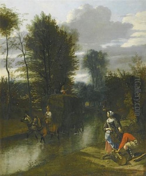 A Landscape With A Haycart Crossing A Stream, Two Figures On The Banks To The Right Oil Painting by Jan Siberechts