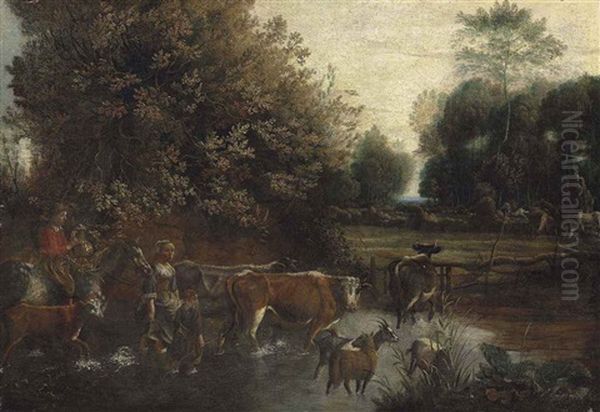 A Wooded Landscape With A Family Driving Cattle And Goats Through A Stream, Horses Grazing Beyond Oil Painting by Jan Siberechts