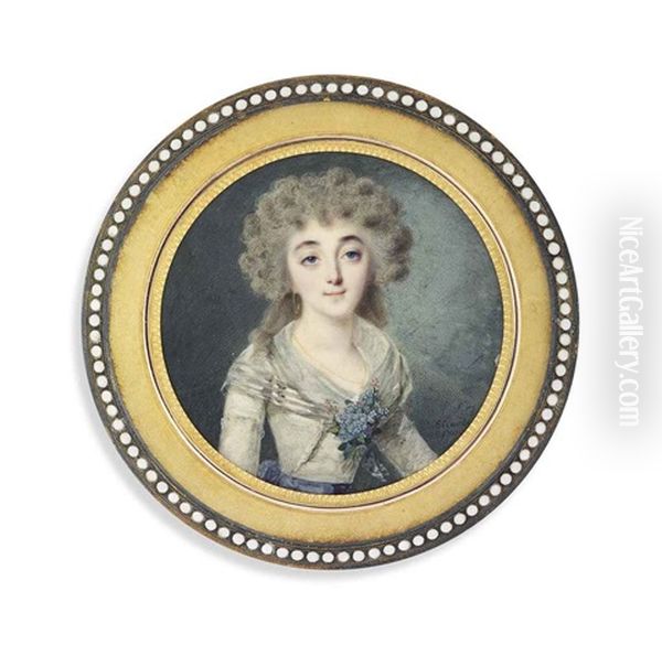 A Young Lady, In Pale Grey Dress And Shawl, Blue Sash At Her Waist And A Sprig Of Blue Flowers At Her Corsage, Wearing A Gold Hoop Earring, Powdered Hair Oil Painting by Louis Marie Sicard