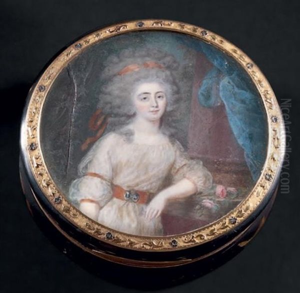 Portrait De Jeune Femme Accoudee Pres D'une Colonne, En Robe De Voile Blanc Ceinturee D'un Ruban Corail, Comme Sa Coiffure Dite A La Conseilleur Oil Painting by Louis Marie Sicard