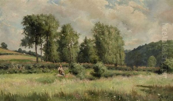 Sommerliche Landschaft Mit Im Gras Rastendem Bauernpaar Oil Painting by Nicolas Sicard