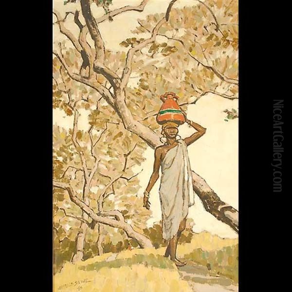 African Lady Carrying A Vessel Oil Painting by Harold M. Sichel