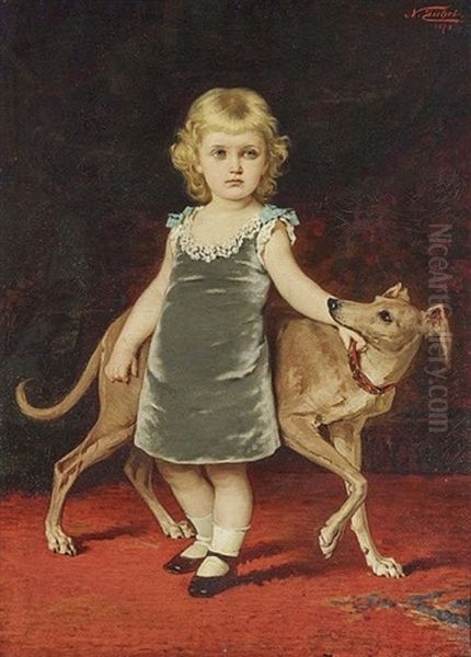 Portrait Of A Young Girl With Dog Oil Painting by Nathaniel Sichel