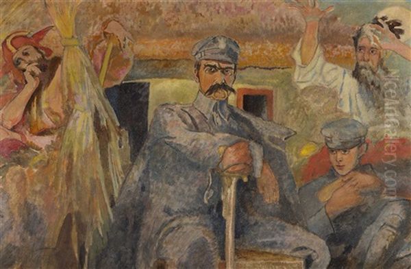 Jozef Pilsudski Z Wernyhora I Stanczykiem Oil Painting by Kazimierz Sichulski