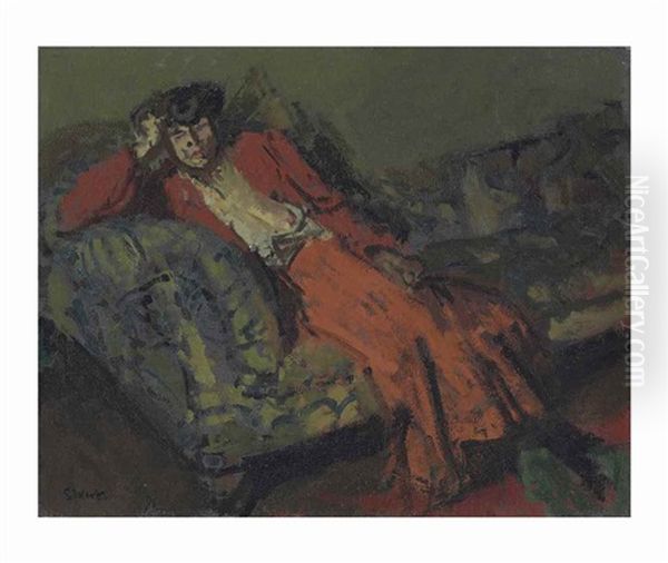 Woman In Red Against Green Oil Painting by Walter Sickert