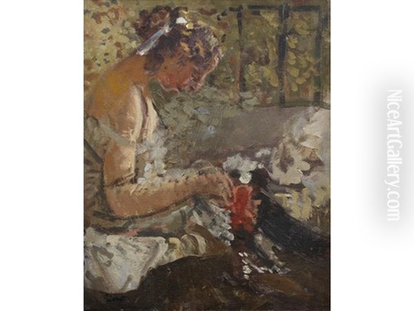 Girl On A Bed Sewing Oil Painting by Walter Sickert