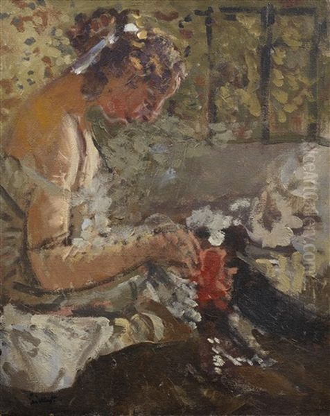 Girl On A Bed Sewing Oil Painting by Walter Sickert