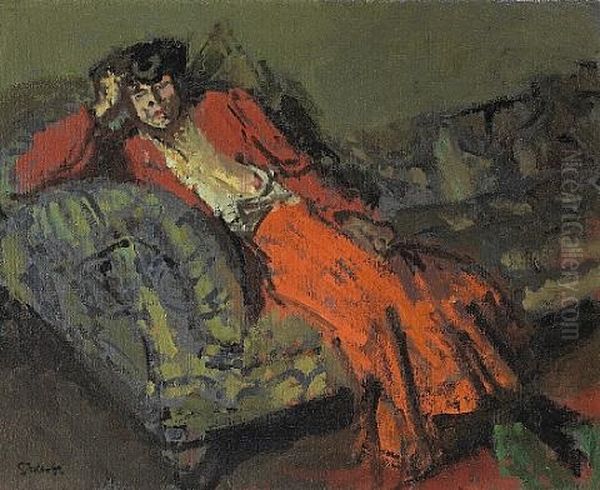 Woman In Red Against Green. Mrs Neville Oil Painting by Walter Sickert