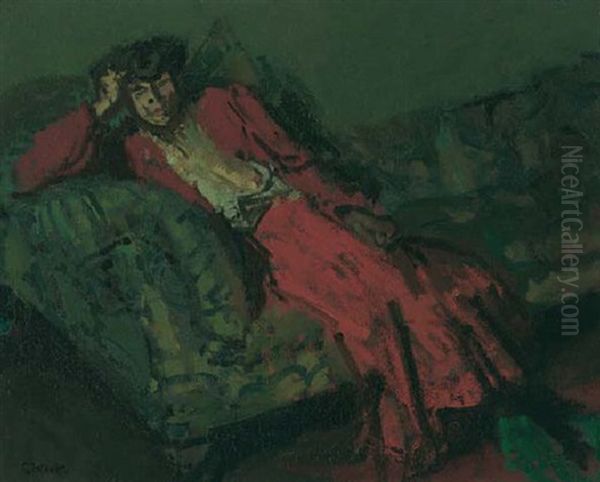 Woman In A Red Dress Against Green, Mrs. Neville Oil Painting by Walter Sickert