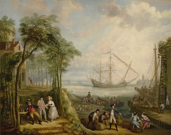 A Port Scene, Said To Depict The Prince De Ligne Receiving Barrels Of Gin Oil Painting by Ingelbert Lievin van Siclers